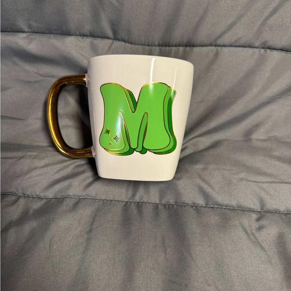 Green Initial M Mug with Gold Handle